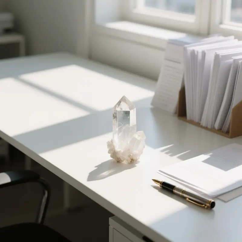 clear Quartz crystal cluster on the officedesk workspace