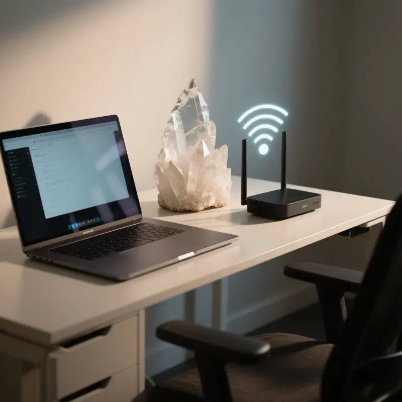 Quartz cluster neutralizing laptop EMF in modern workspace