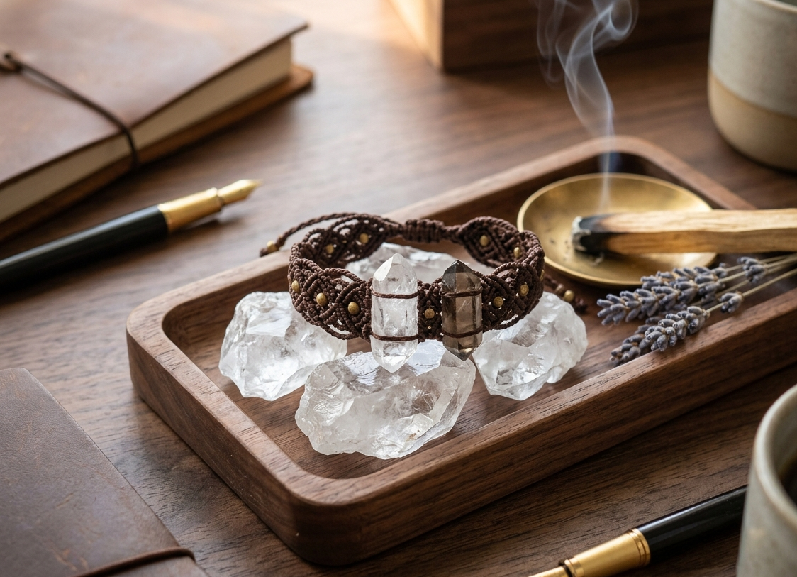 Raw clear quartz chunks on a wooden desk tray acting as a beautiful energy cleansing station for a macrame bracelet.