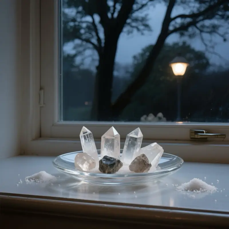 Raw crystals on selenite plate with sea salt for energy cleansing
