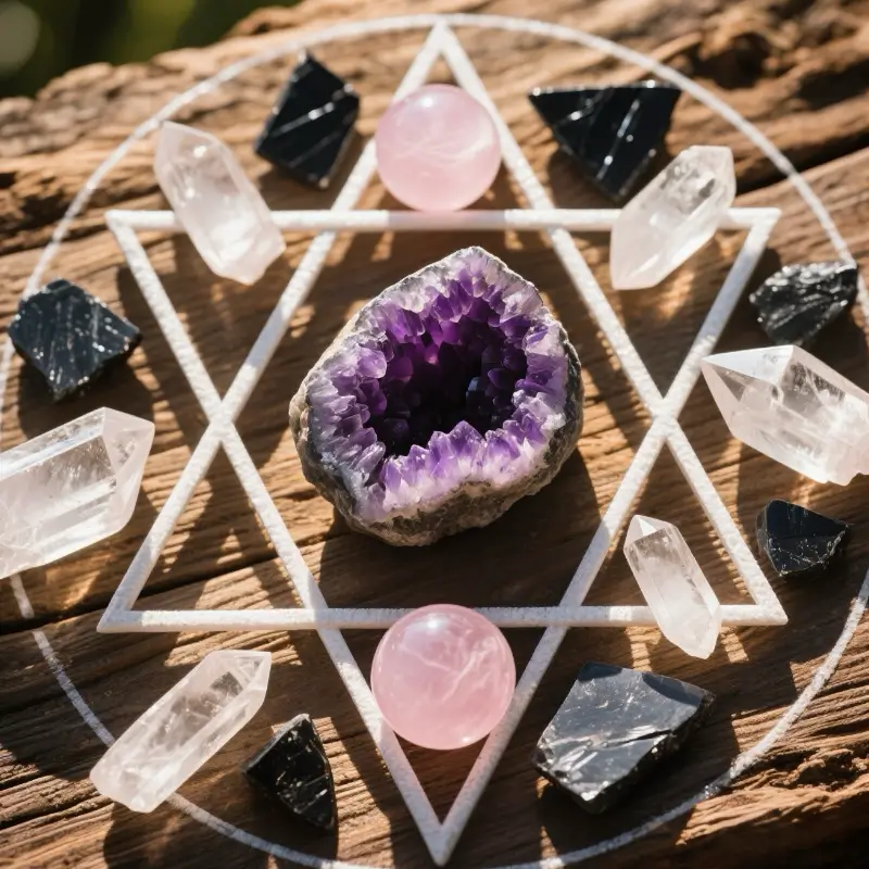 Healing crystal array with amethyst geode as focal point for energy work in natural setting