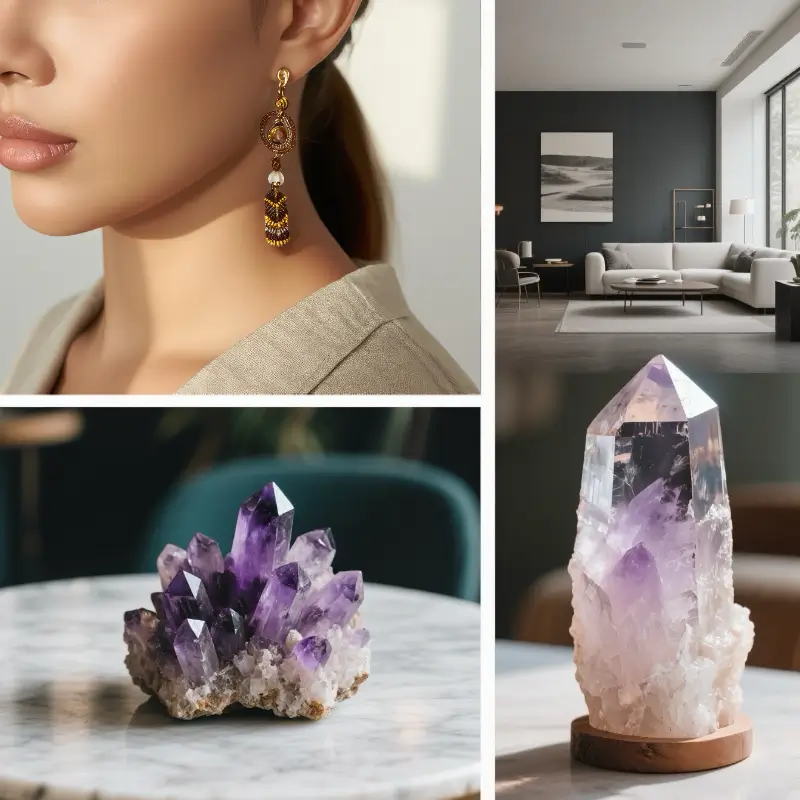 Three crystal types shown in real-life settings - jewelry, raw cluster, polished decor