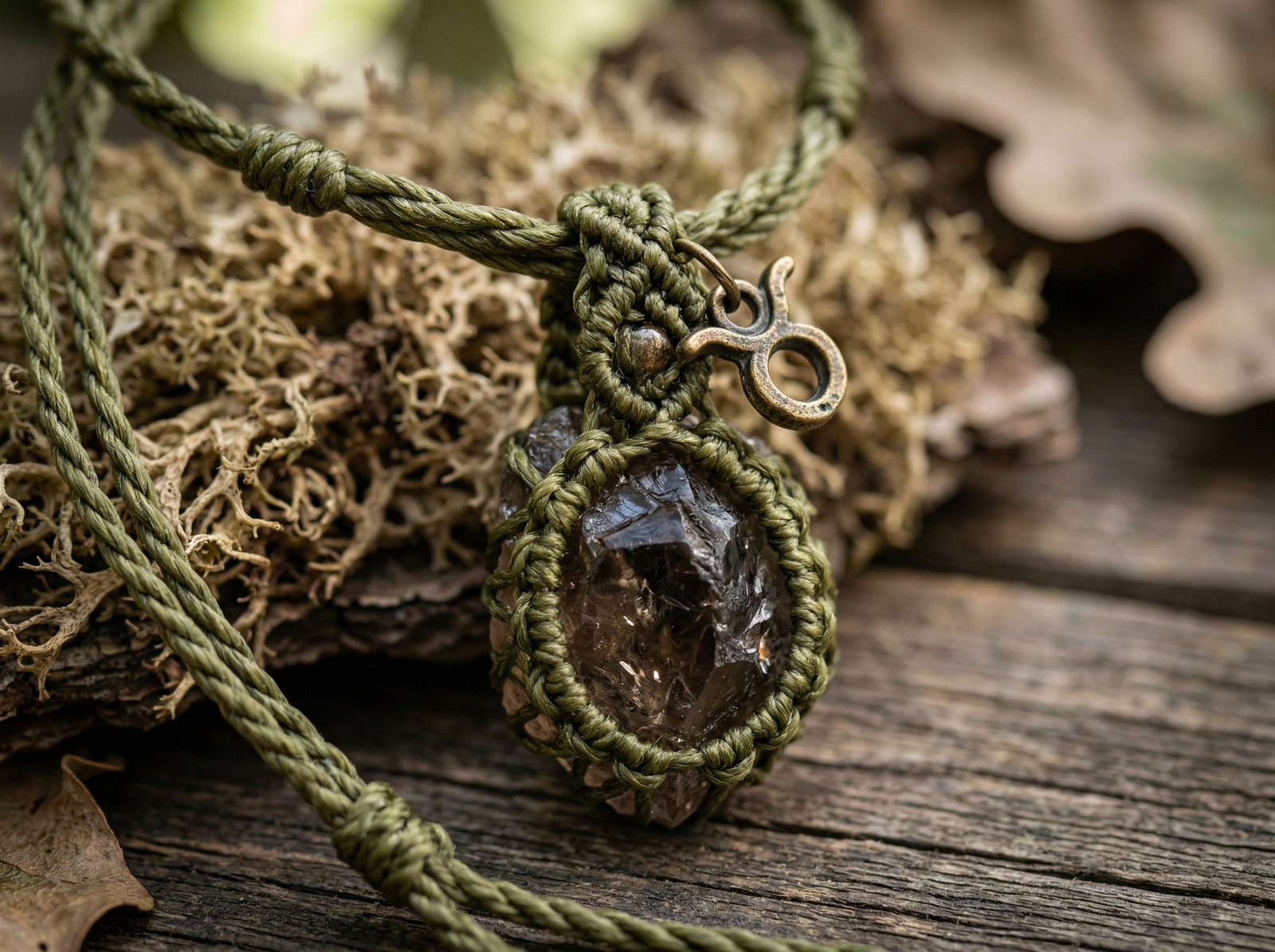 Earth sign zodiac necklace featuring raw smoky quartz, olive green macrame cord, and a vintage bronze charm.