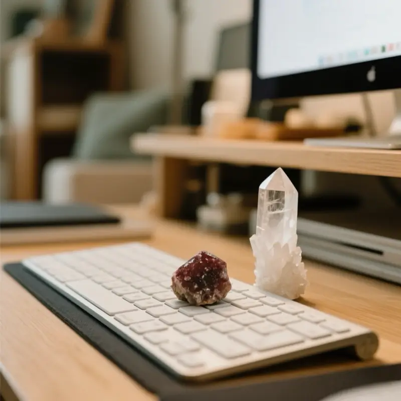 Garnet cufflinks and selenite plate in home workspace setting
