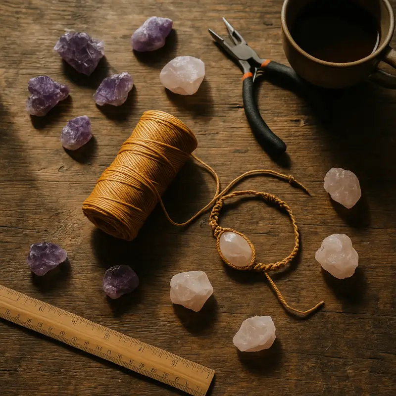 Natural crystals and wax cords on artisan worktable for handmade jewelry creation