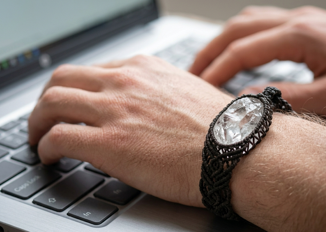 Hands typing on a laptop while wearing a metal-free, bump-proof clear quartz macrame bracelet for desk work.