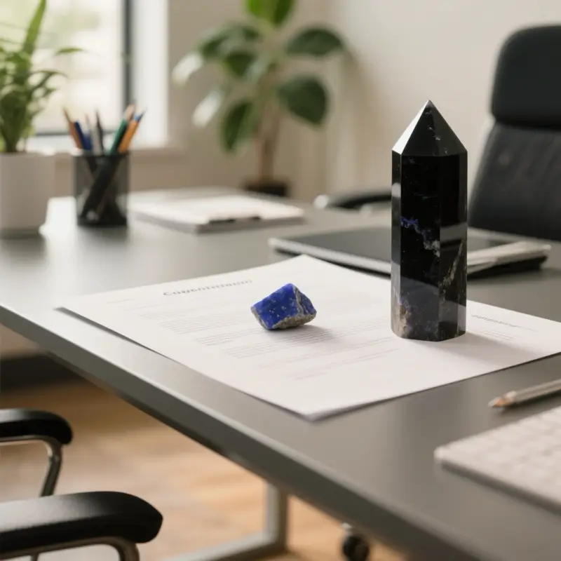 Lapis lazuli seal and obsidian pyramid on office documents for clear communication