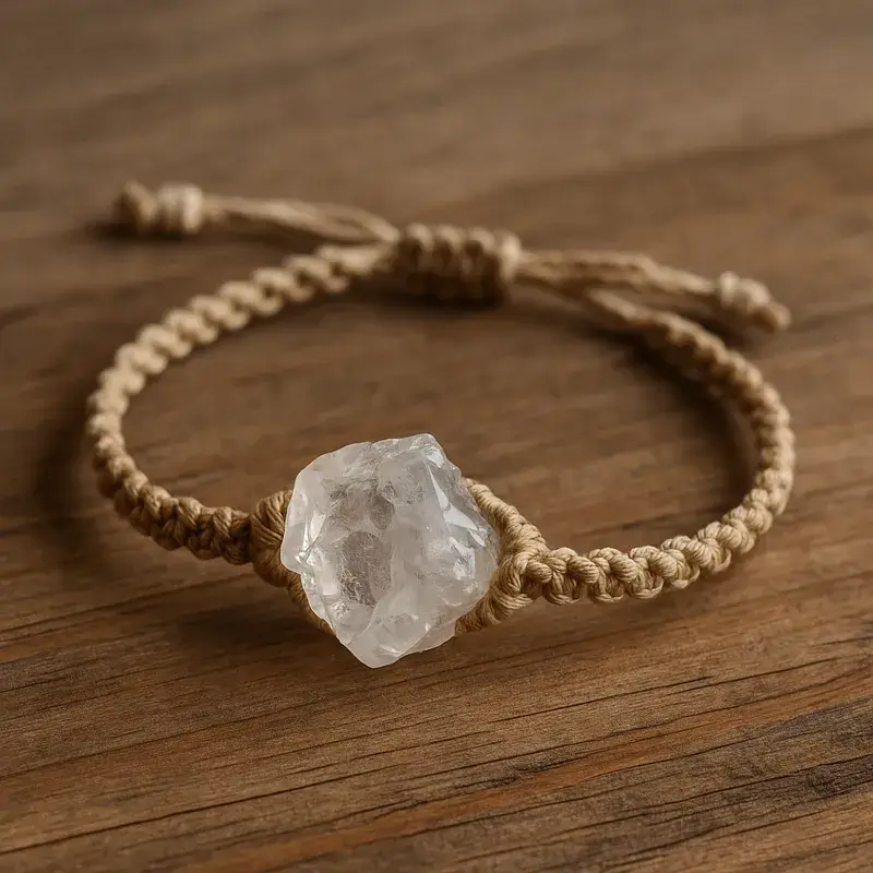 Handmade macrame bracelet featuring a raw crystal quartz stone on a wooden background