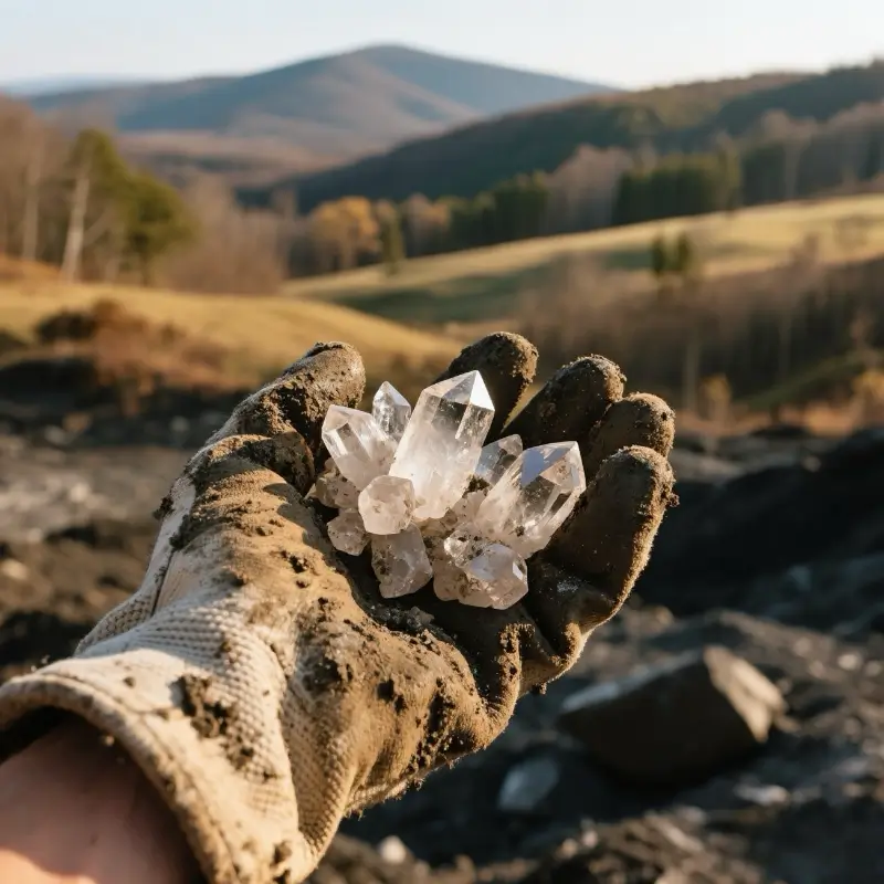 Miners hand uncovering Herkimer diamond cluster in New York quarry