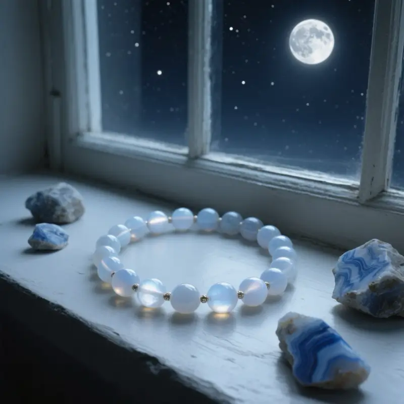 Moonstone necklace on family photo frame with blue lace agate stones