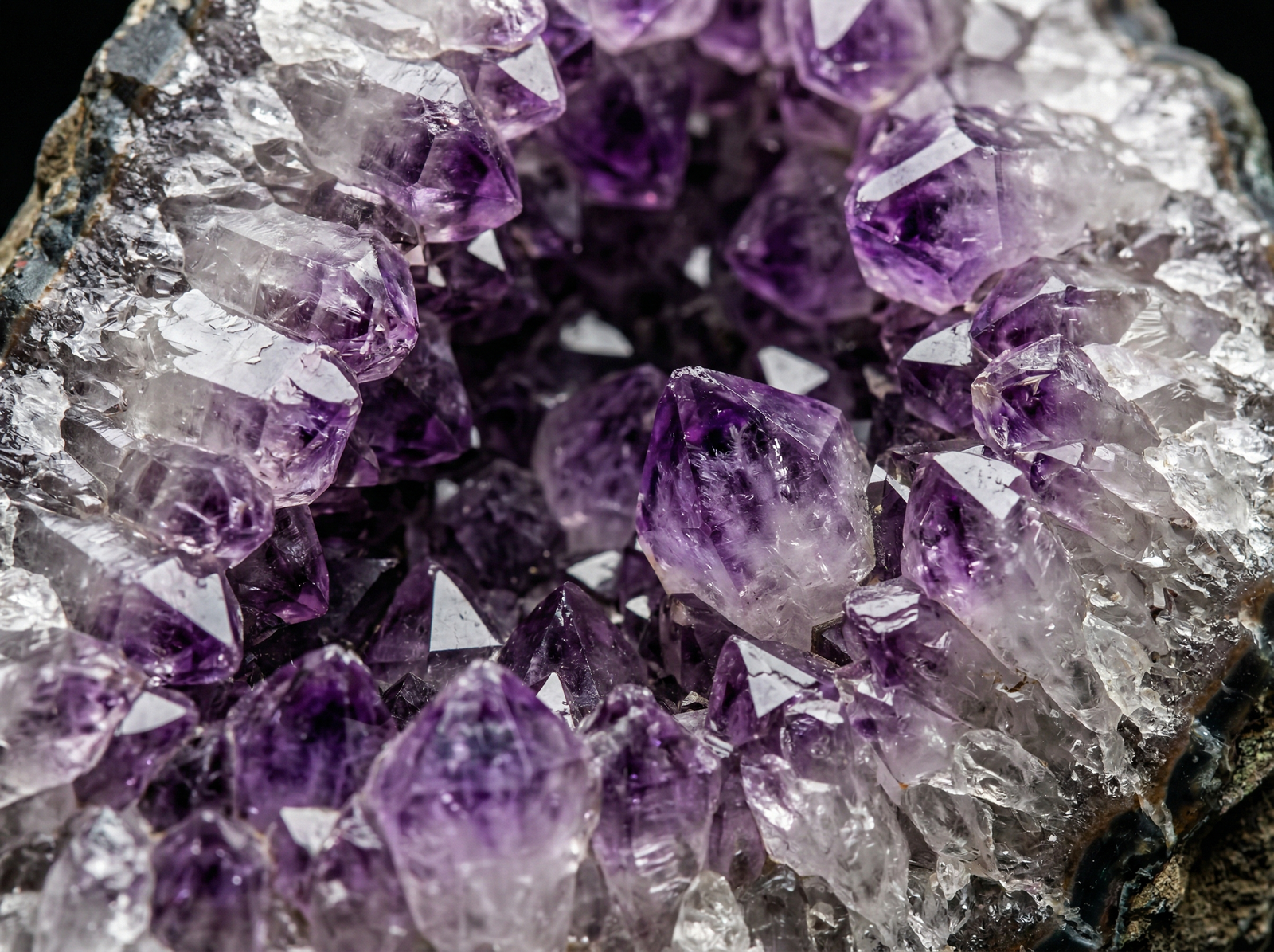 Close up of natural amethyst crystal crevices showing authentic color without artificial dye pooling.