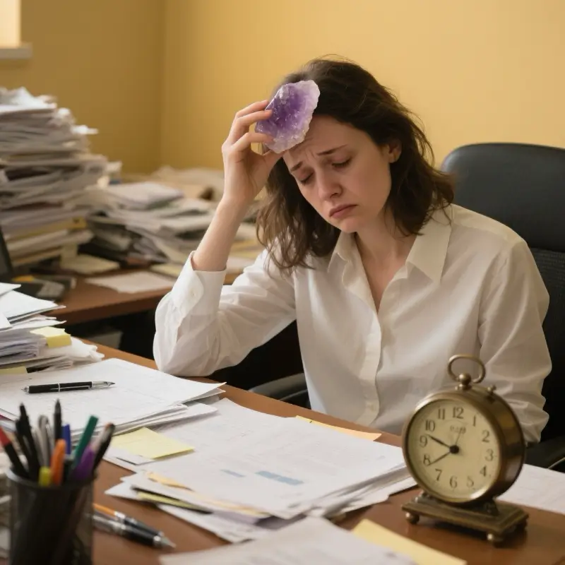 Stressed professional using amethyst for quick office energy reset