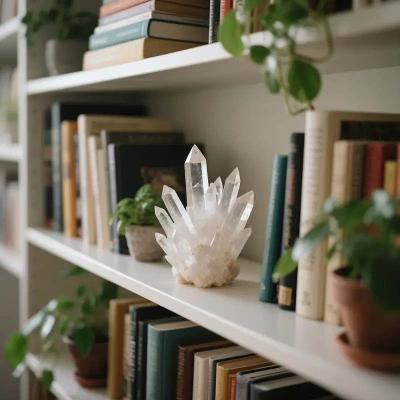 Clear quartz cluster integrated into stylish bookshelf decor arrangement
