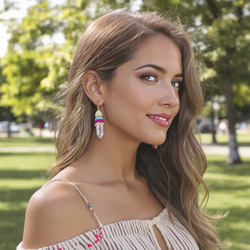 Stylish raw quartz crystal macrame earrings and bag charm on waxed cord for bohemian fashion and personal well-being