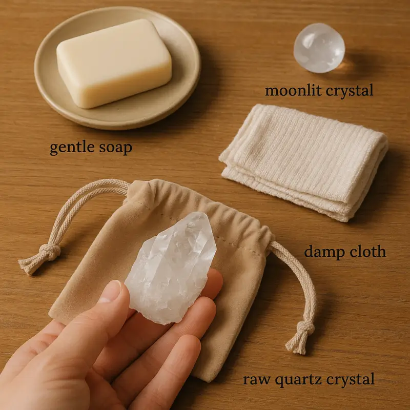 Caring for raw quartz crystal macrame jewelry with waxed cord, including cleaning and energy cleansing tips