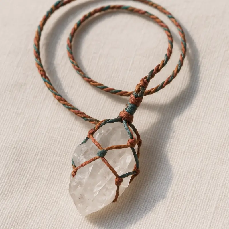 Natural raw quartz crystal macrame necklace on waxed cord for comfortable everyday wear and energy enhancement