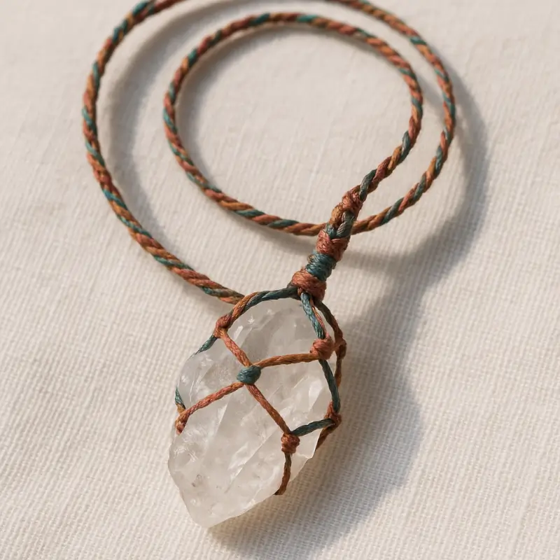 Natural raw quartz crystal macrame necklace on waxed cord for comfortable everyday wear and energy enhancement