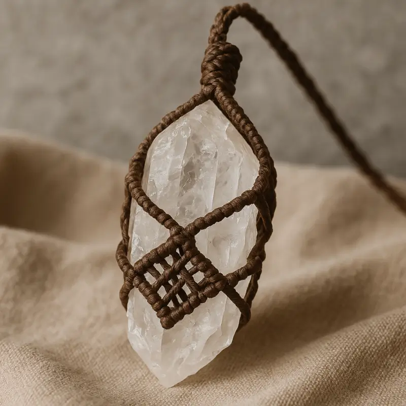 Raw quartz crystal pendant in macrame waxed cord holder, amplifying energy for healing and zodiac benefits