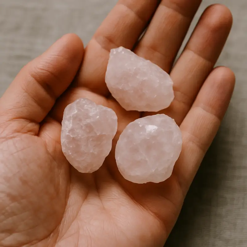 Three raw rose quartz crystals showing natural inclusions and color variations in hand