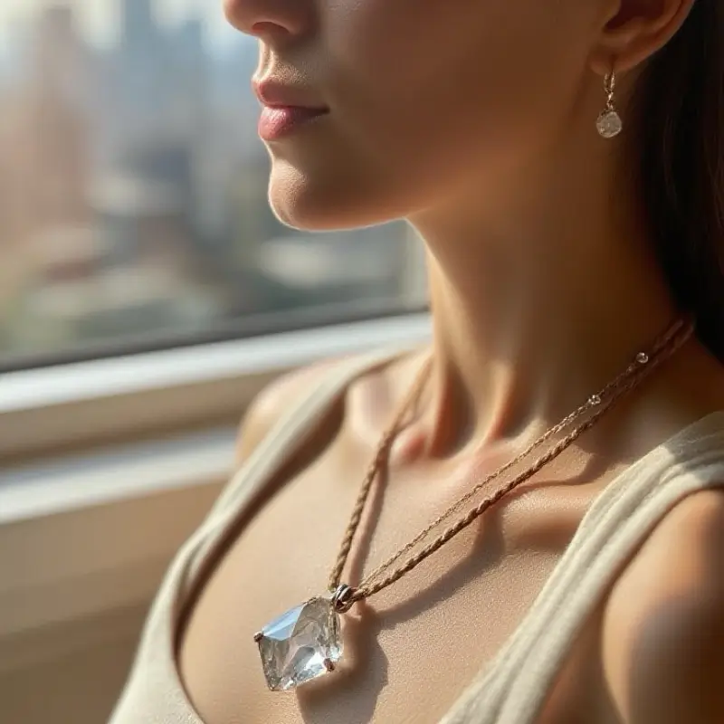 Woman meditating with Herkimer diamond pendant in modern apartment