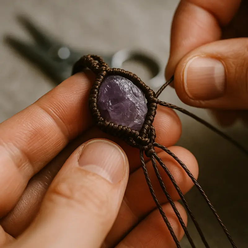 Artisan hands knotting wax cord around amethyst point during jewelry making