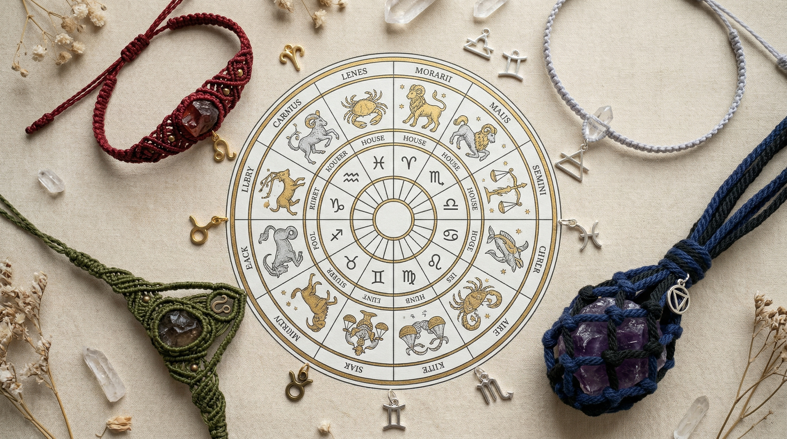 Four artisan macrame crystal talismans representing the Fire, Earth, Air, and Water zodiac elements arranged on an astrology wheel.