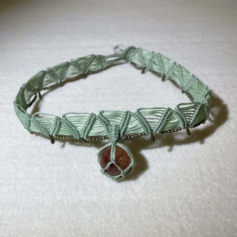 Handwoven wave pattern on emerald waxed cord, bohemian adjustable choker
