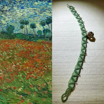 Handmade macrame choker with strawberry quartz bead on emerald green cord, inspired by Van Gogh's Poppy Field painting