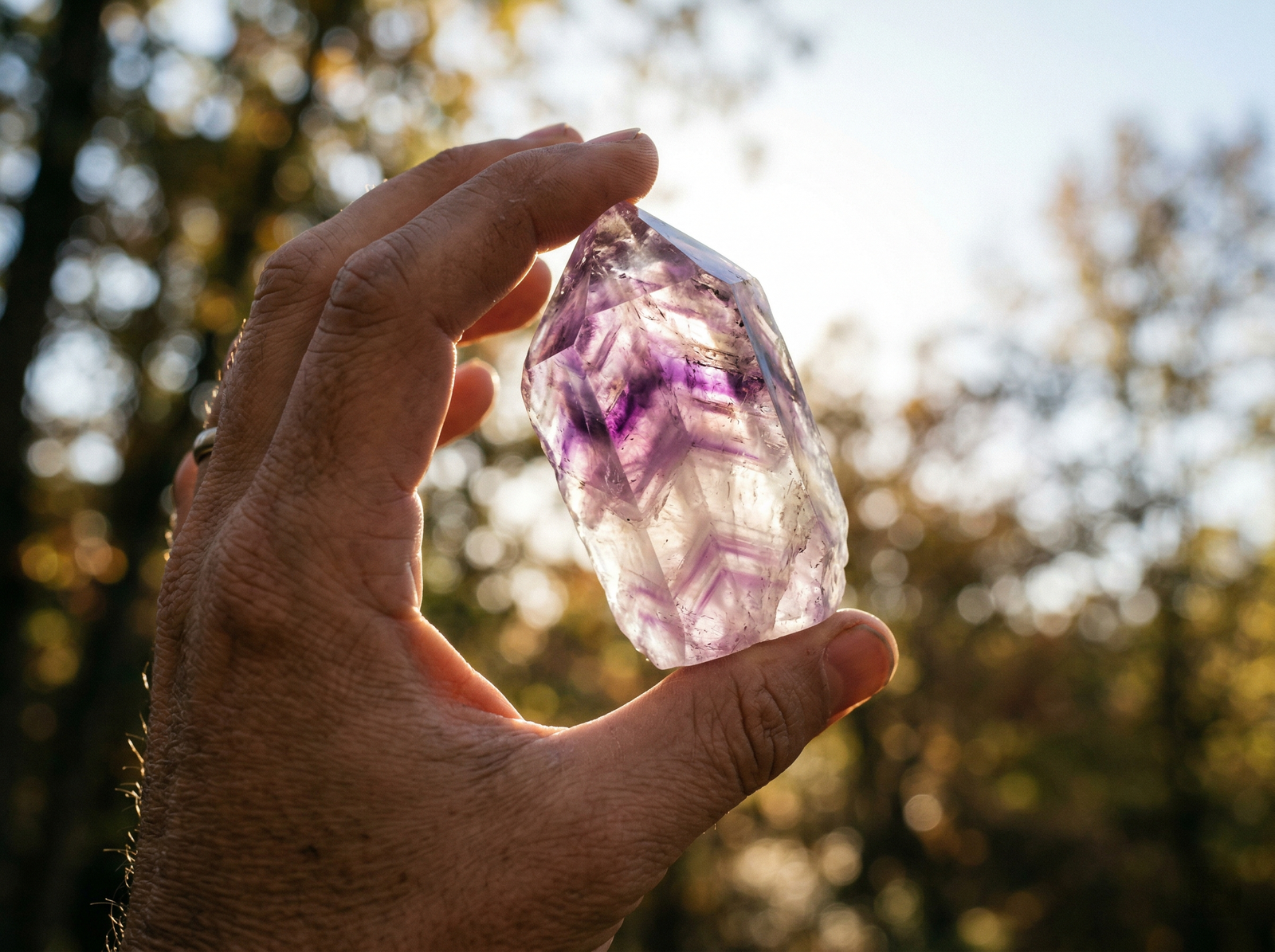 Holding a real amethyst point up to the sunlight to show natural color zoning and uneven purple bands.