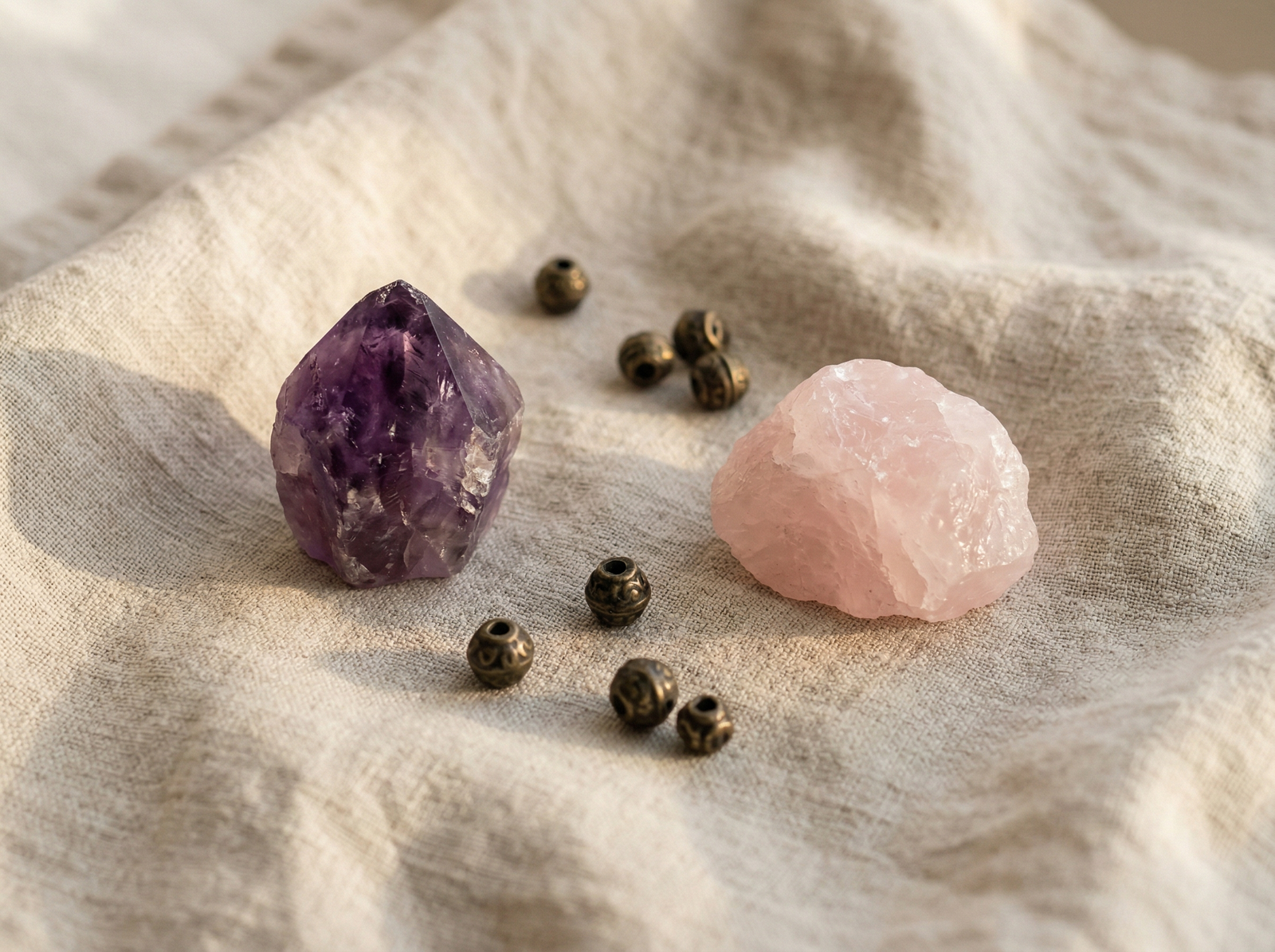 Raw purple amethyst and pink rose quartz crystals resting on beige linen, used for mind and heart stress relief.