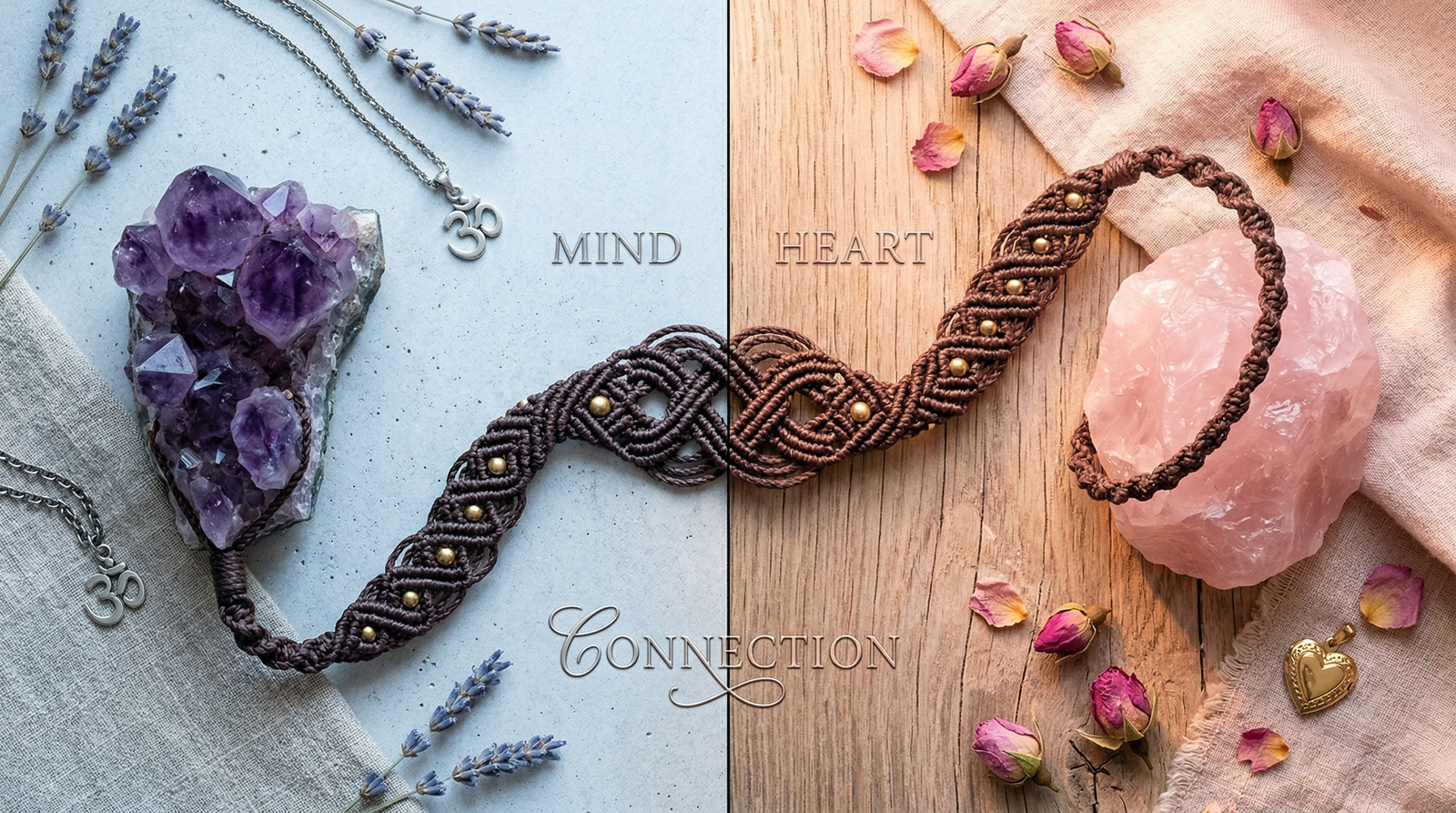 A split composition showing raw Amethyst for mind calming and raw Rose Quartz for emotional healing, connected by artisan macrame cord.