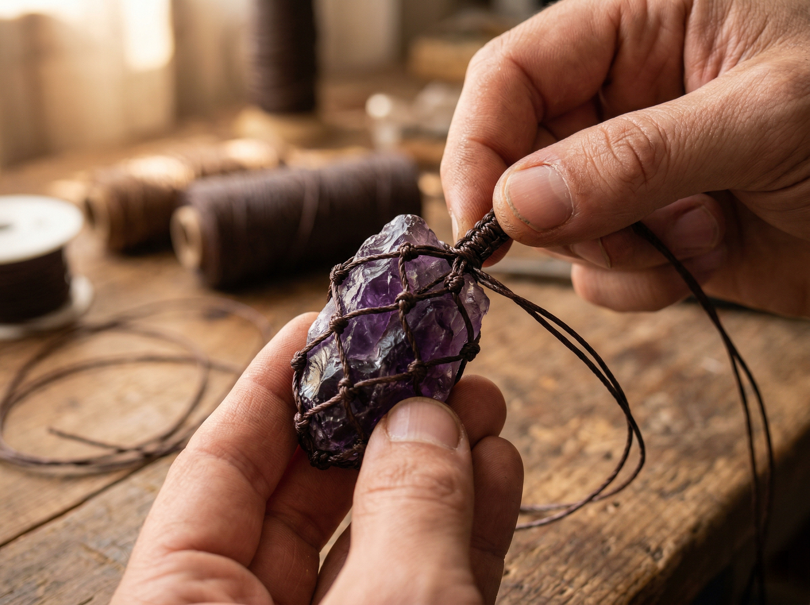 An artisan hand-knotting dark wax cord around a uniquely shaped raw amethyst to preserve its natural energy.