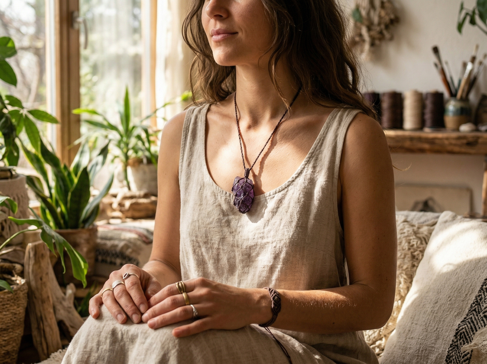 Woman wearing an authentic handmade raw amethyst macrame necklace for spiritual energy and grounding.