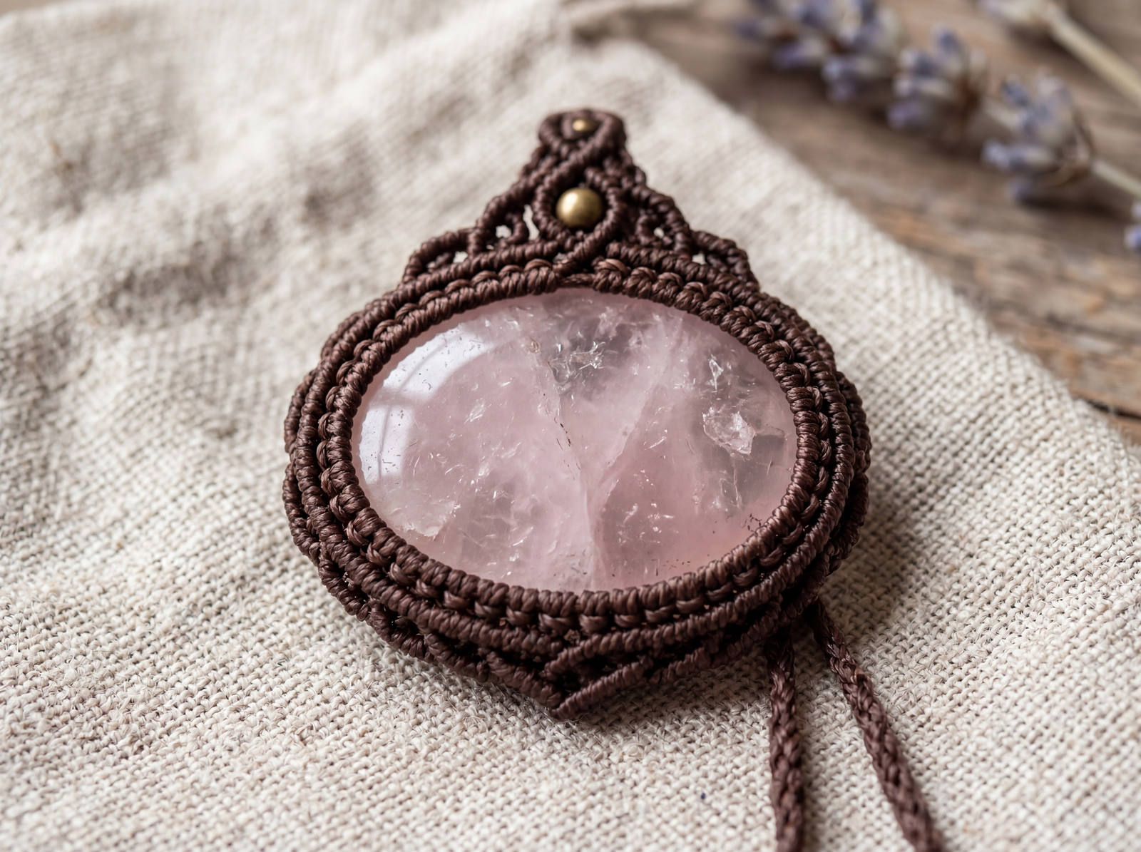 Flat raw rose quartz necklace securely wrapped with dark brown wax cord using Lark's head macrame knots.