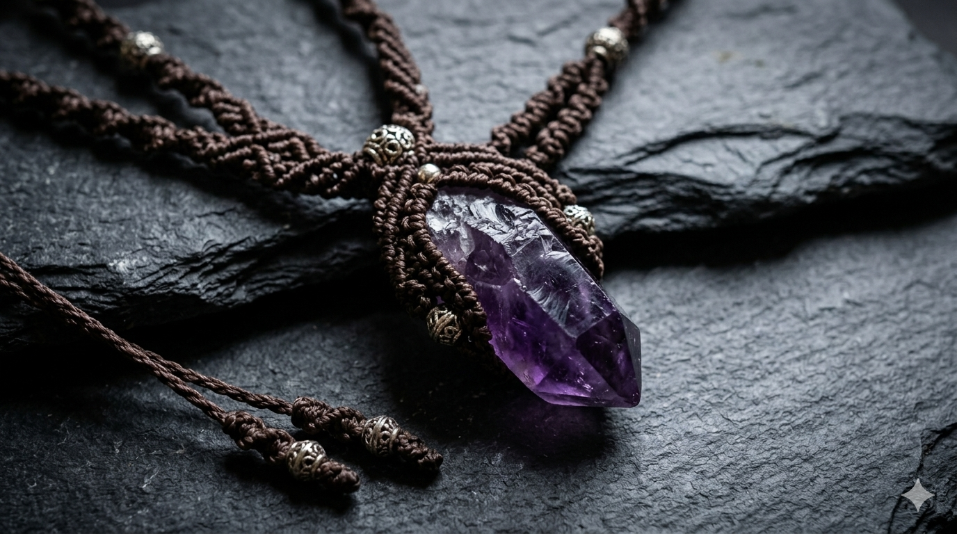 Handmade raw amethyst crystal point necklace wrapped in dark brown macrame using snake knots and diagonal half hitches.