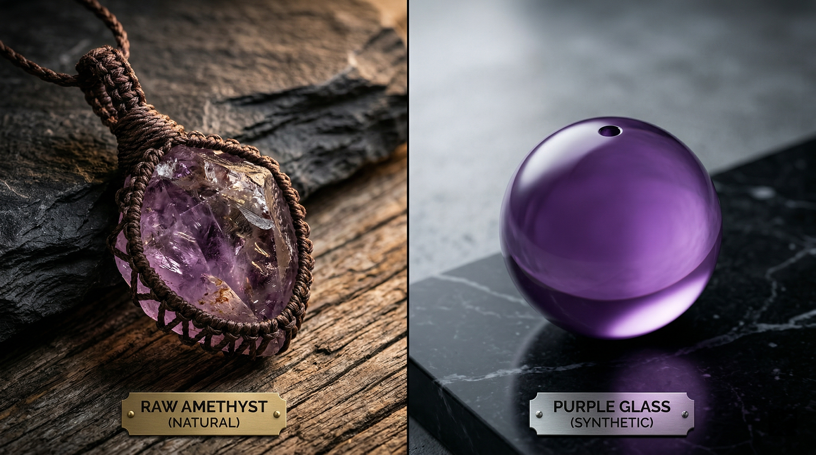 A side-by-side comparison of a real raw amethyst macrame necklace and a fake purple glass crystal.