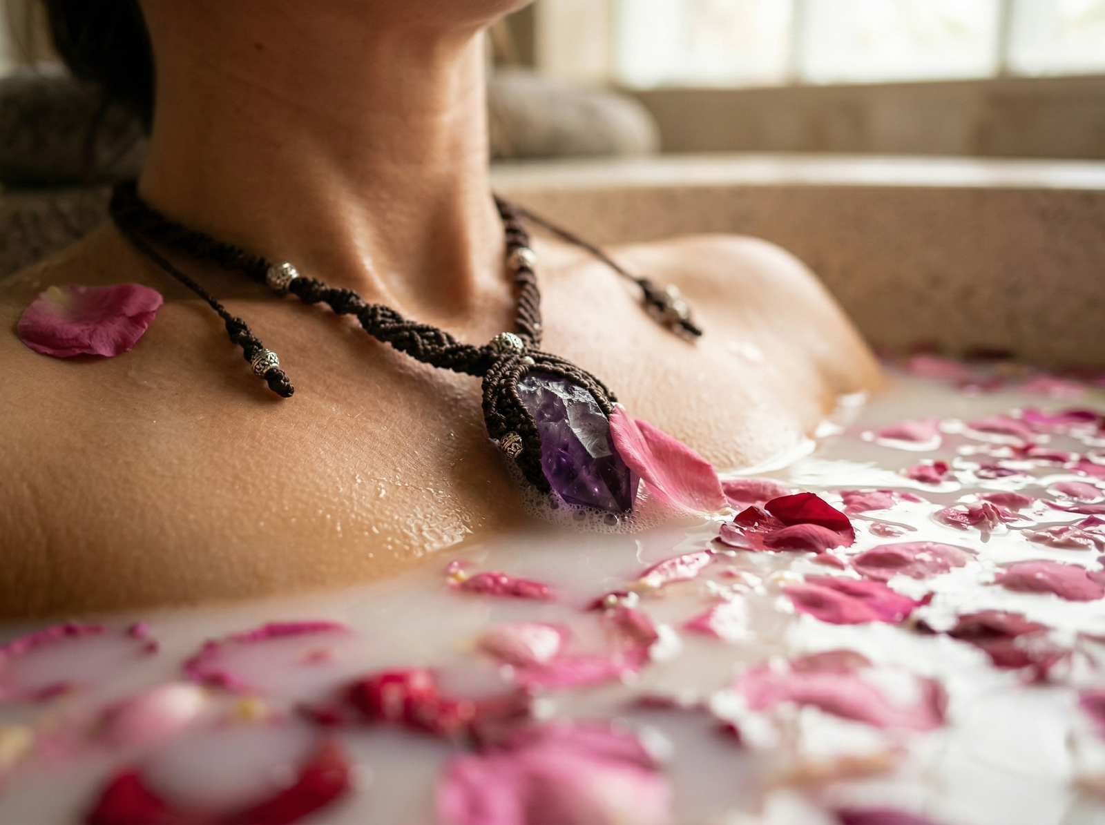 Relaxing bath ritual wearing a waterproof handmade raw amethyst macrame necklace for anxiety relief.