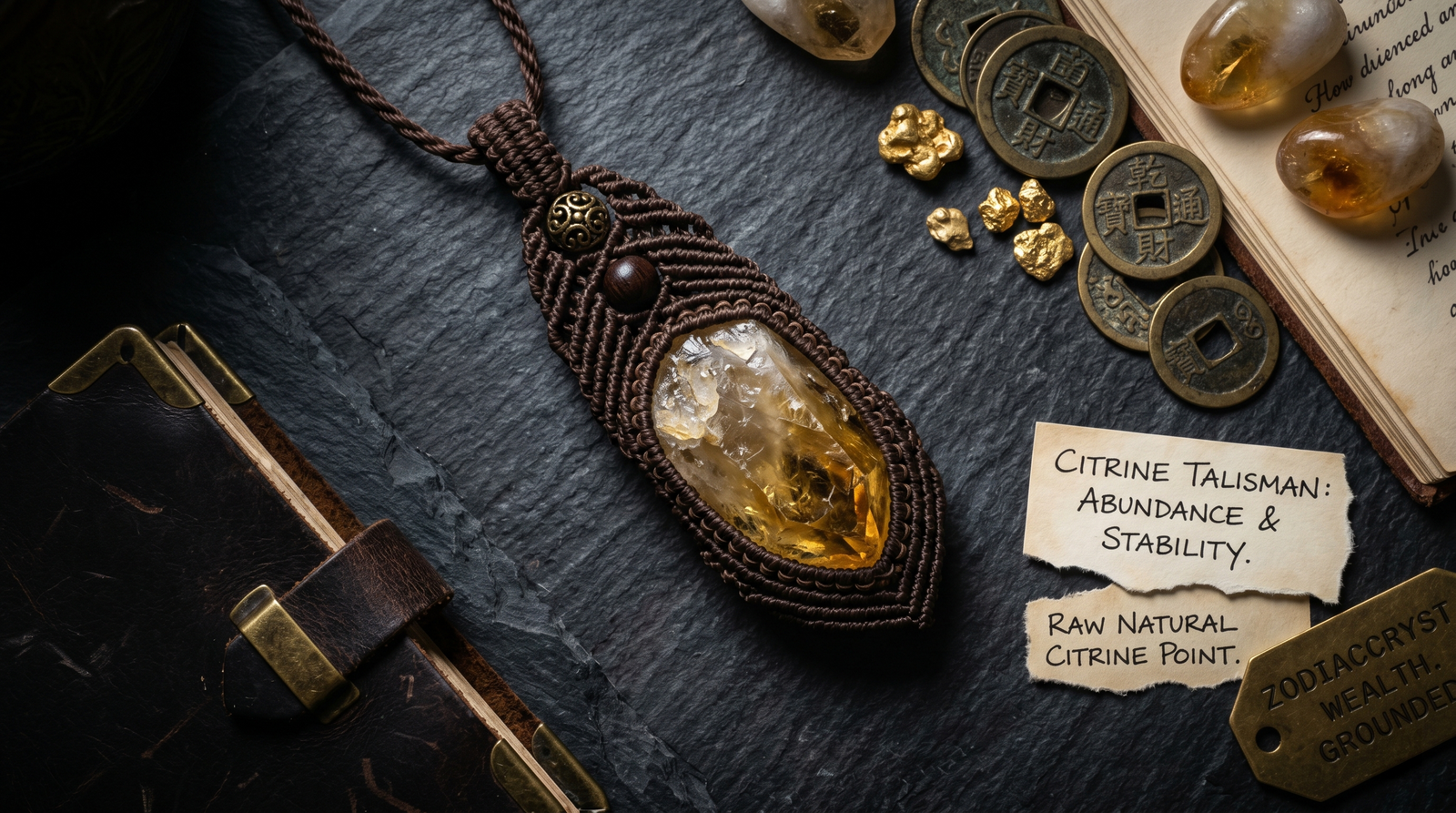 A grounded, earthy masculine macrame necklace featuring an authentic raw citrine crystal for wealth attraction.
