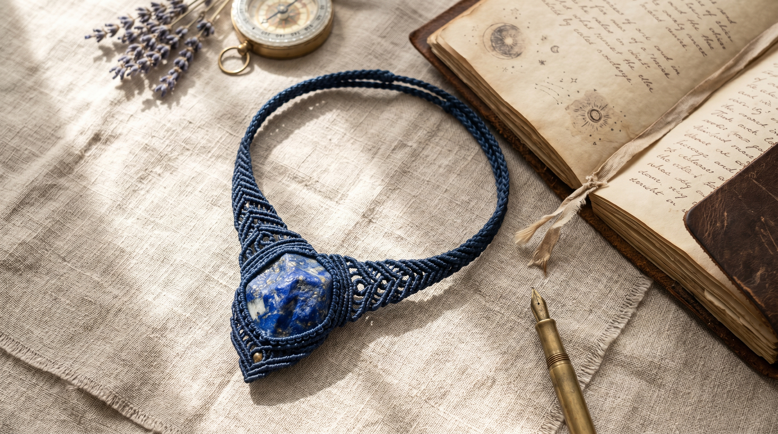 An authentic lapis lazuli macrame necklace resting on linen, perfect for throat chakra healing.