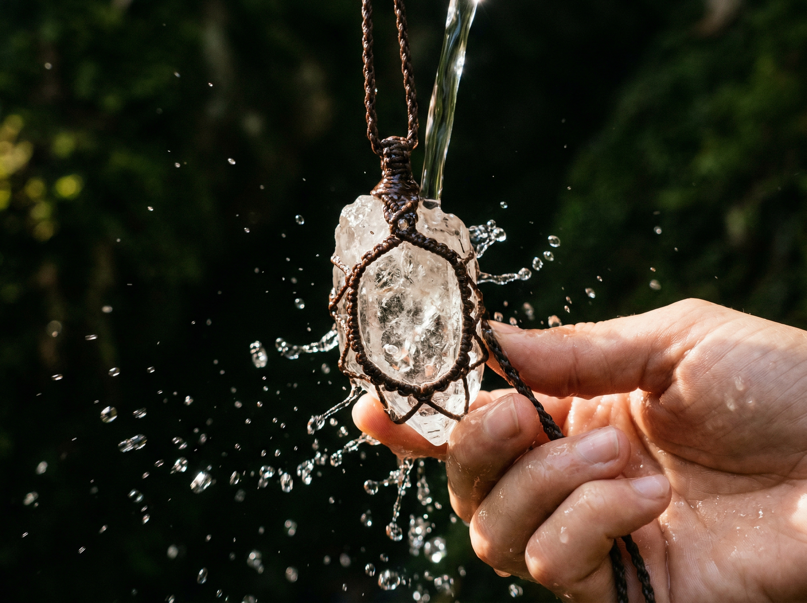 Cleansing a waterproof macrame raw clear quartz necklace under running clear water.