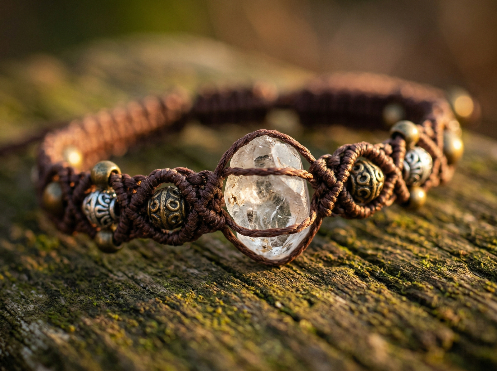 Detailed macro shot of a handmade macrame bracelet using waterproof wax cord, featuring vintage Tibetan-style bronze accents and a raw clear quartz stone.