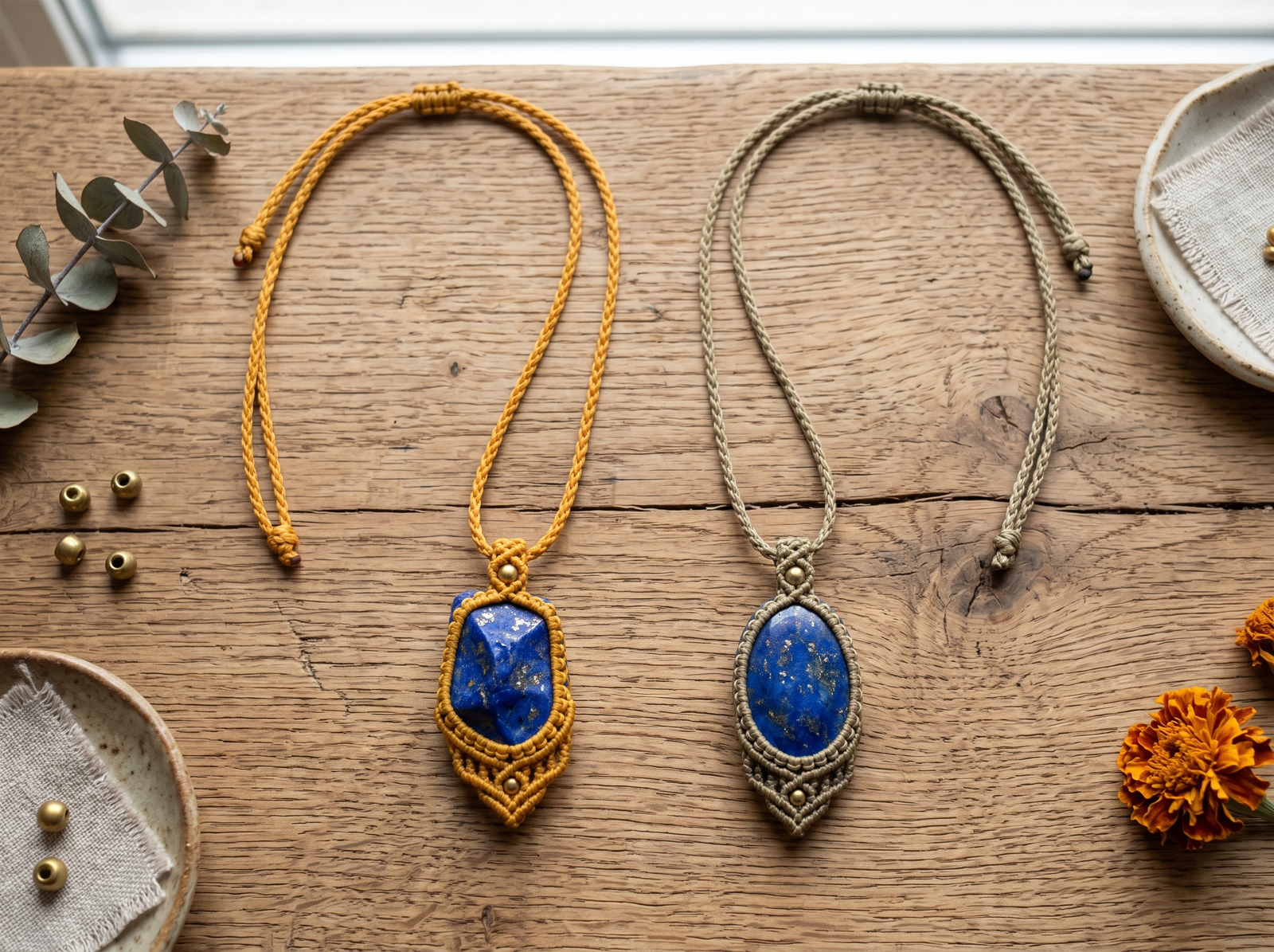 Two authentic lapis lazuli macrame necklaces showing different cord color pairings like khaki and yellow.