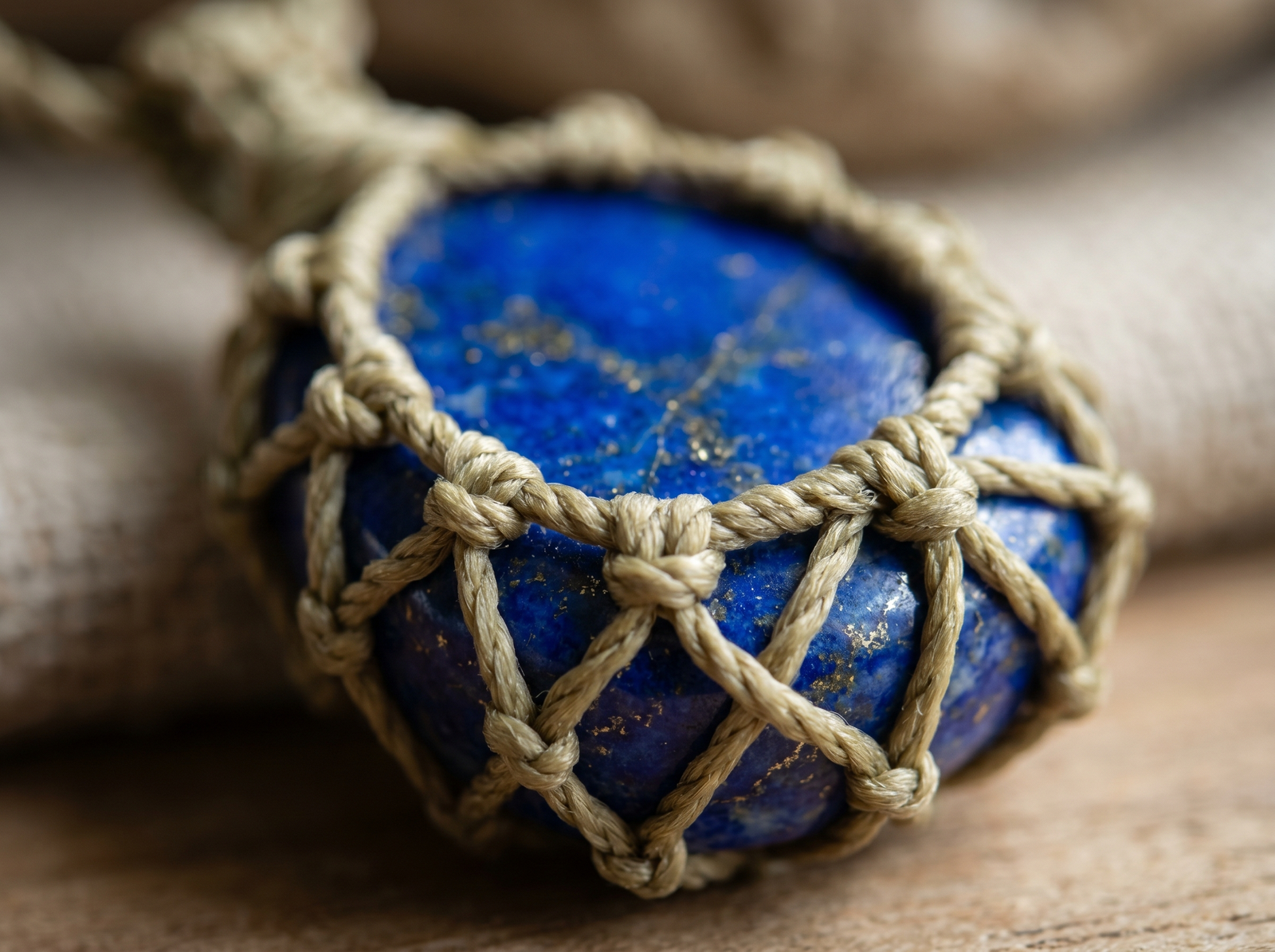 Close up of an authentic lapis lazuli stone protected by a shock-absorbing macrame wax cord net.