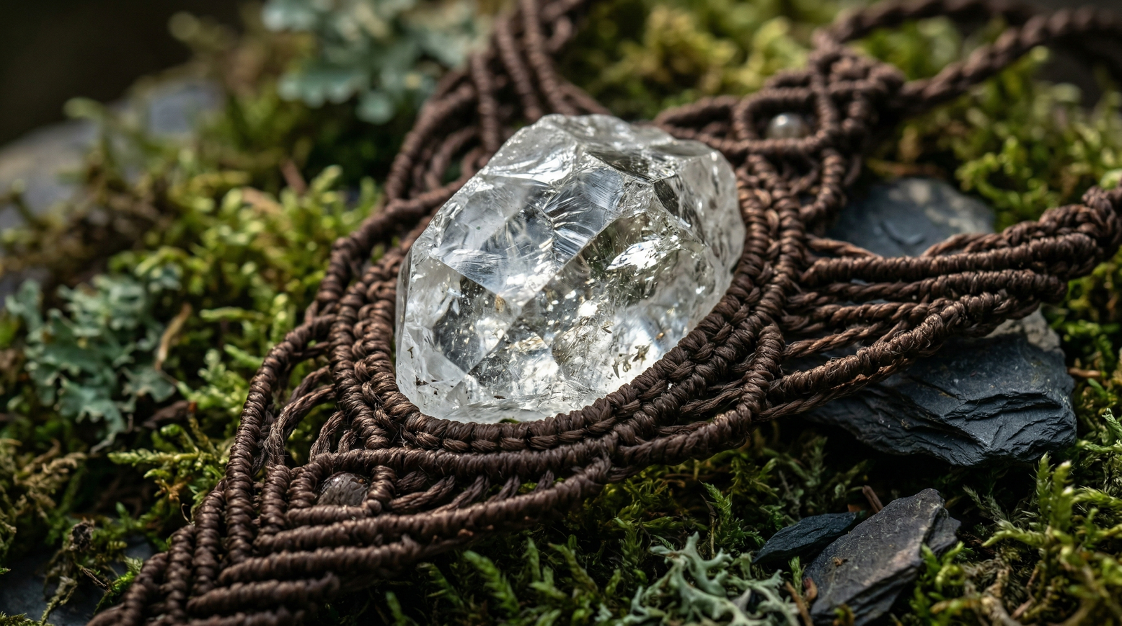 Close up of raw clear quartz crystal resting on dark brown South American macrame wax cords in a natural setting.