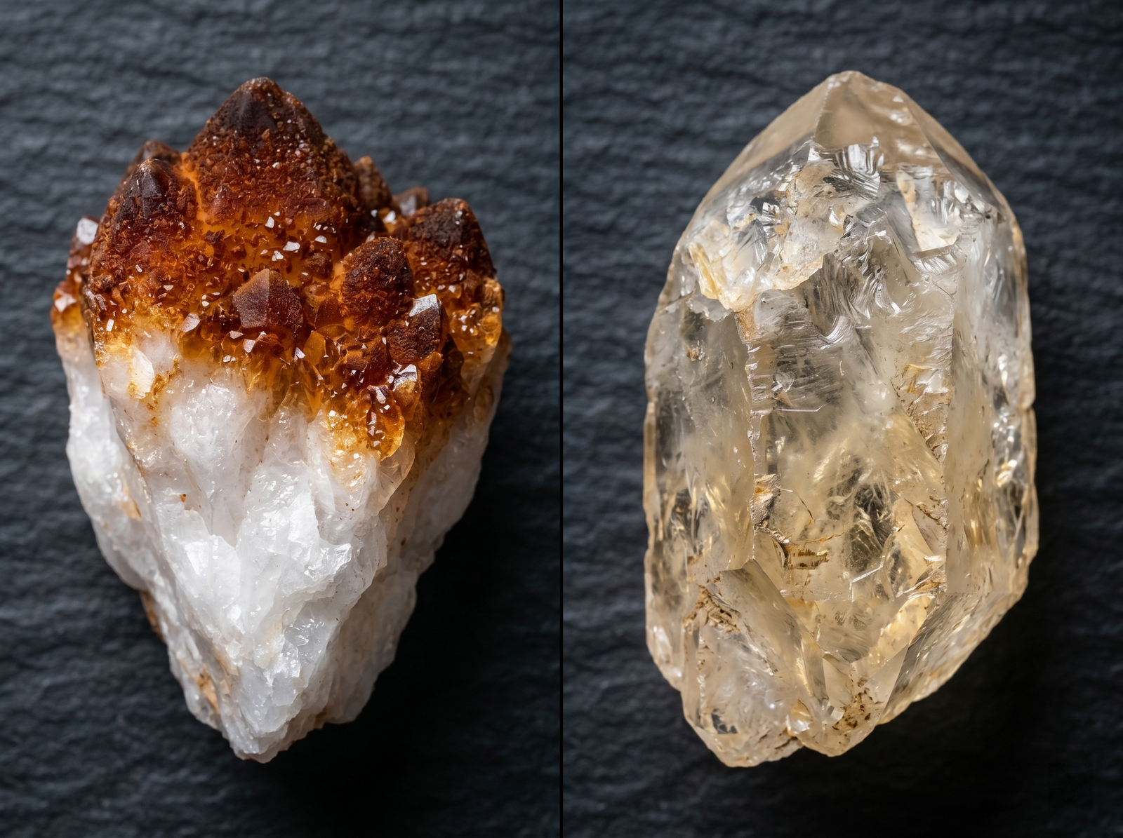Side by side comparison of fake burnt orange amethyst and authentic pale yellow raw citrine for wealth.