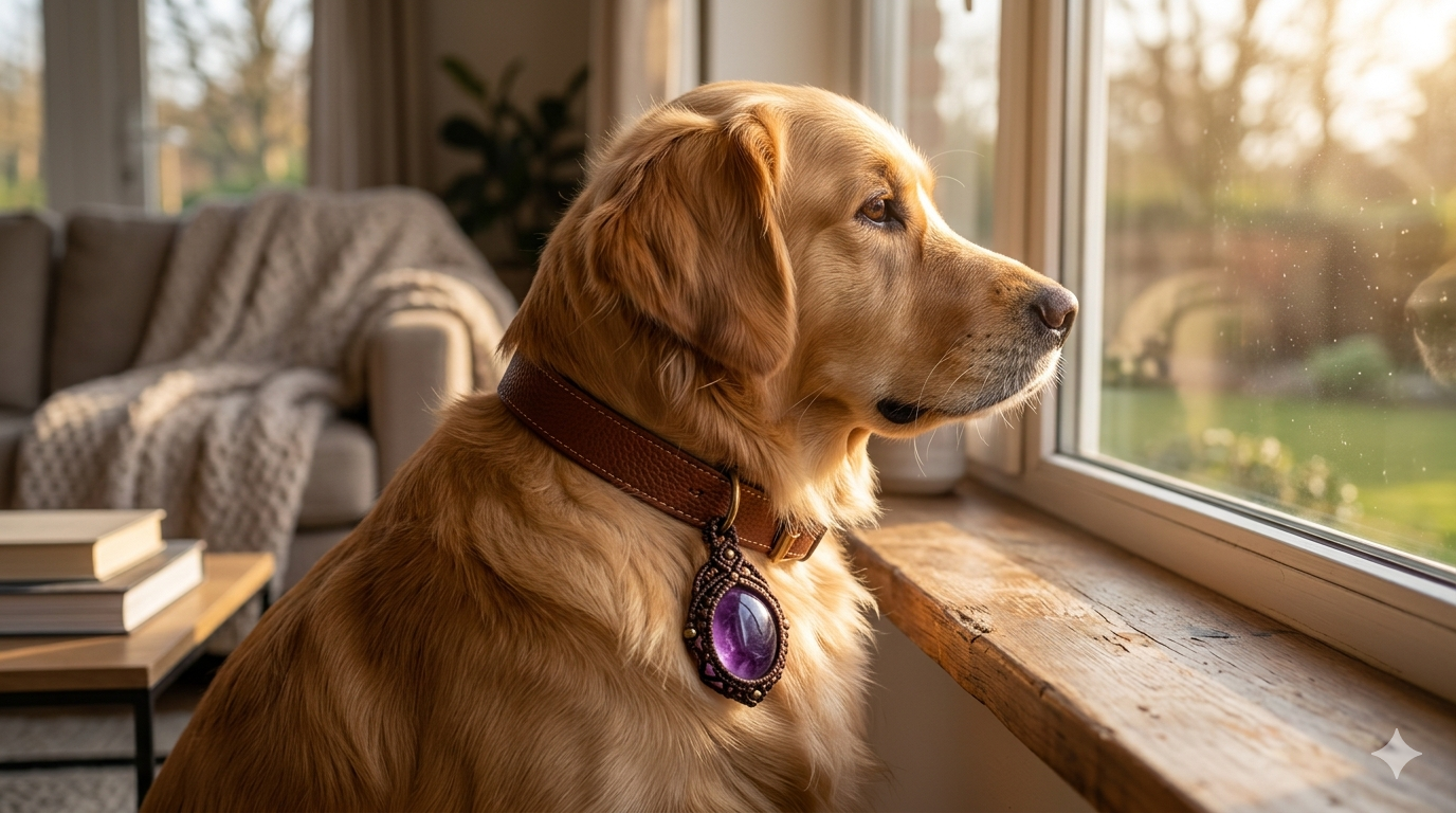 A calm dog looking out a window wearing an amethyst macrame crystal charm to relieve pet separation anxiety.