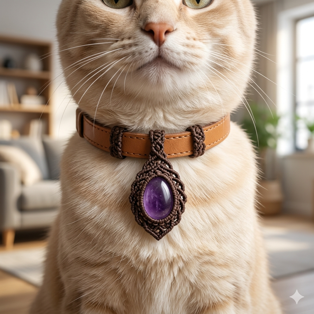 A close-up square thumbnail of a golden retriever wearing a handcrafted amethyst macrame crystal charm on its collar for calming. Centered product shot.