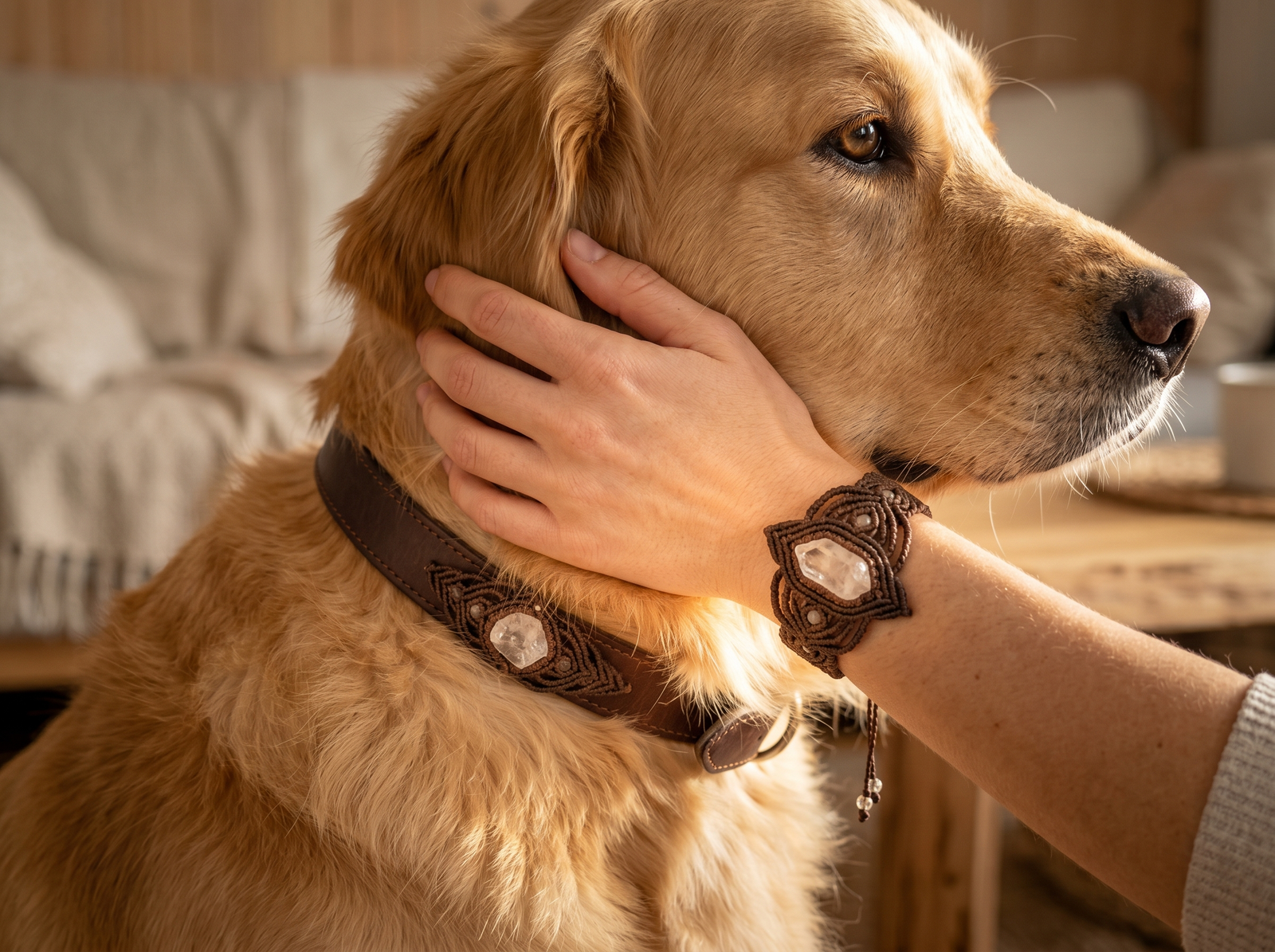 An owner and her dog wearing matching clear quartz macrame crystal jewelry for synchronized energetic healing.