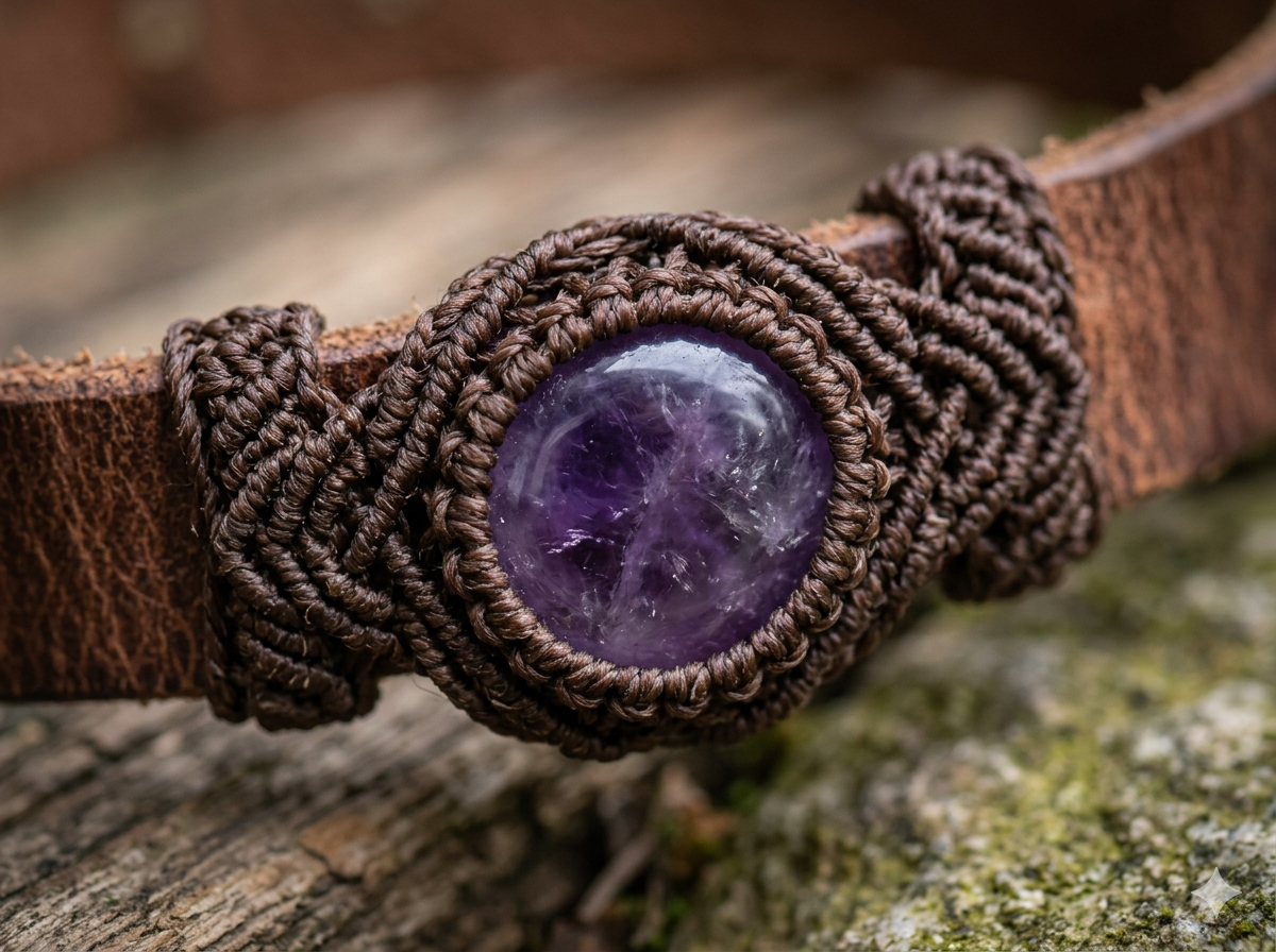 Close up of a safe, metal-free macrame pet collar charm holding a tumbled amethyst stone to prevent jingling noises.