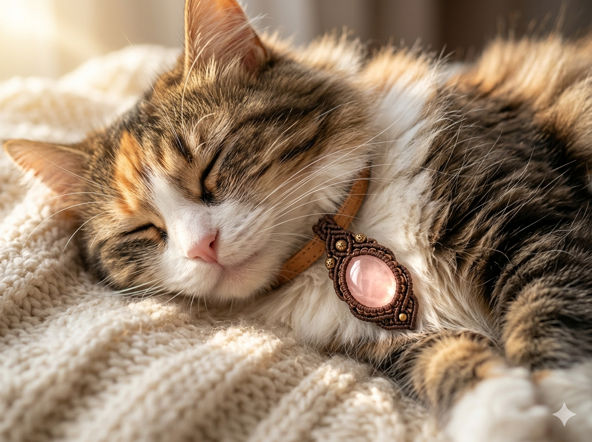 A relaxed cat sleeping peacefully while wearing a rose quartz macrame collar charm for emotional healing.